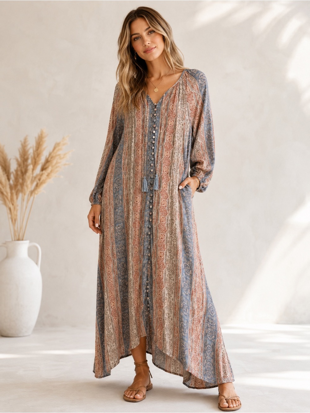 Dress Forum Striped Boho Maxi Dress Rust Dusty Blue Tassel Button Front Small